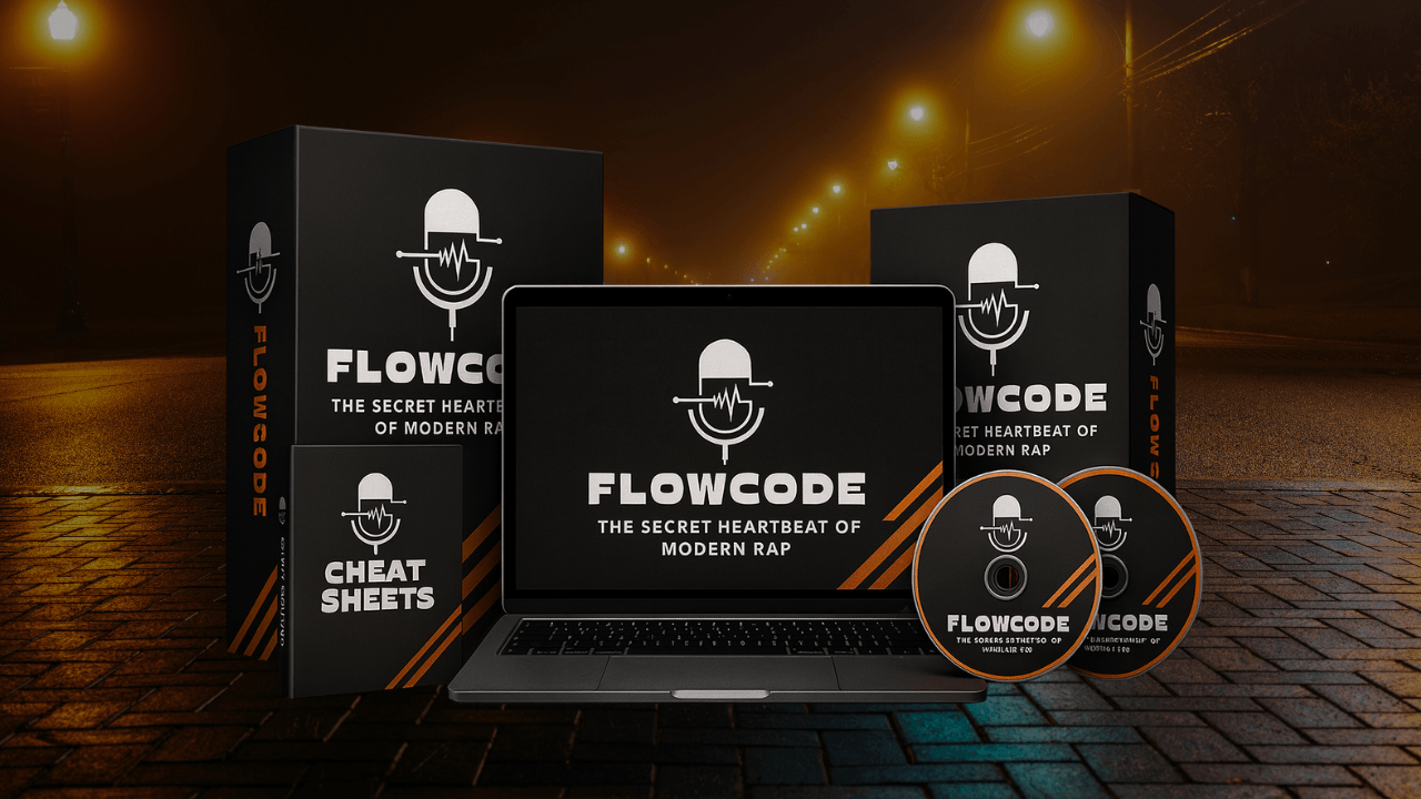 FlowCode The Secret Heartbeat Of Rap - Complete training system mockup showing the 4-Count Formula method for learning freestyle rap