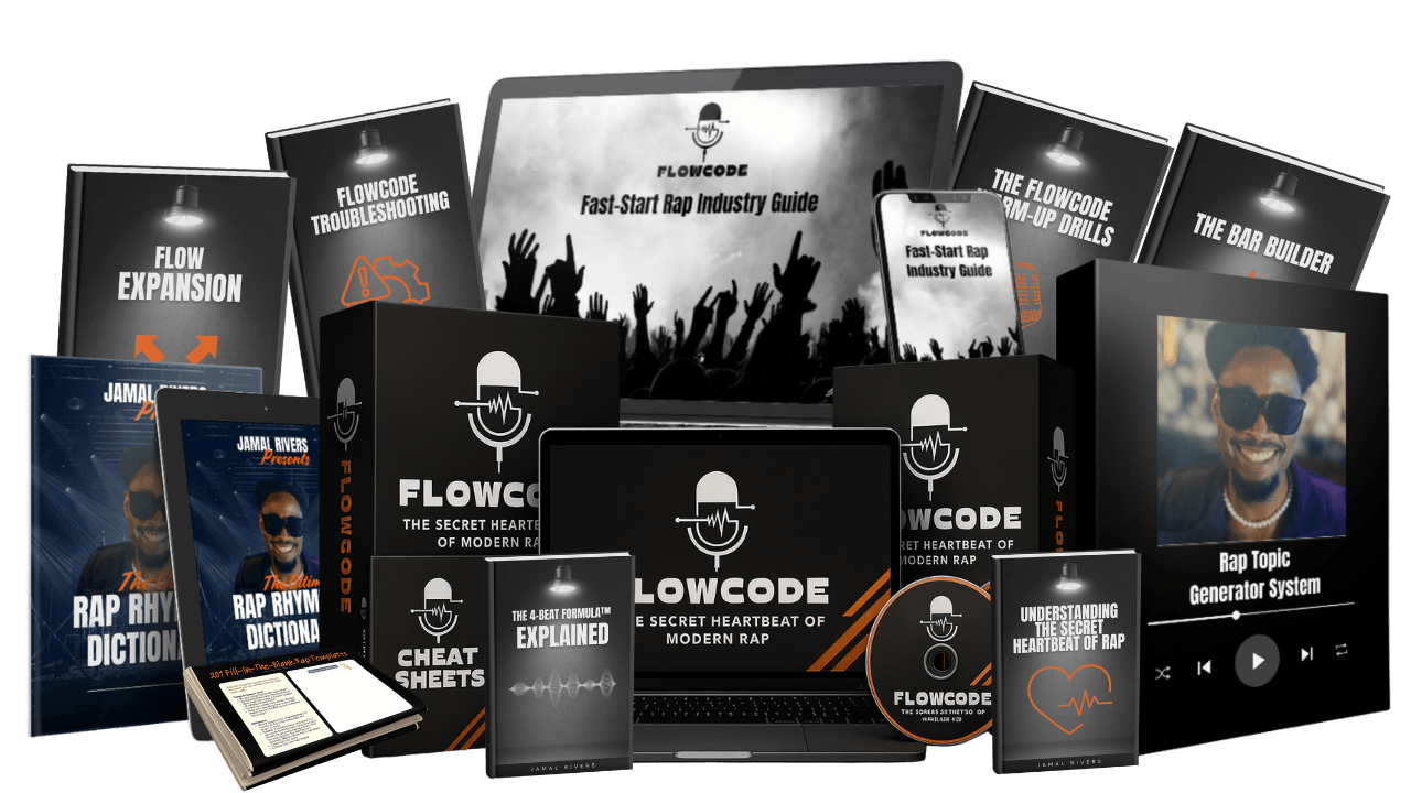 FlowCode bonus materials including Rhyme Dictionary, Topic Generator, and Flow Templates for freestyle rap training